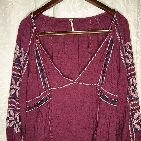 FREE PEOPLE All My Life Wine embroidered smocked mini dress tunic. Size Medium. - Picture 3 of 10